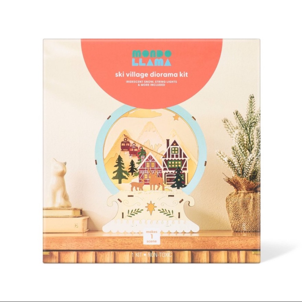 New! Mondo Llama Ski Village Diorama Craft Layered Wood Snow Globe Painting Kit